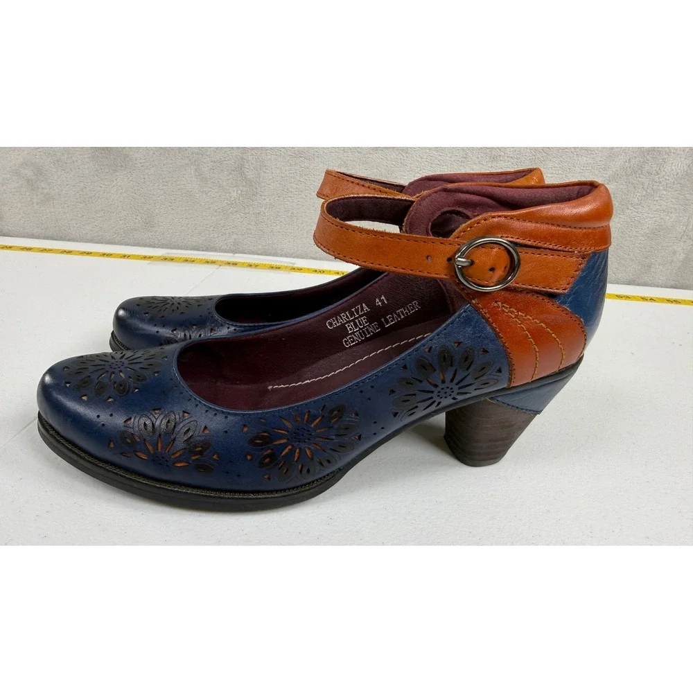 L Artiste Charliza Pumps Womens 41 Blue Leather Floral Whimsygoth Mary Jane Boho